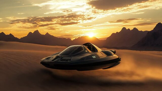 Futuristic Hovercraft Gliding Over Sand Dunes at Sunset with Mountain Backdrop, Fantasy Vehicle