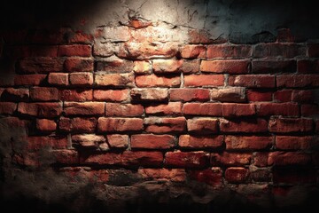 Detailed view of an old red brick wall, partially covered with cement, lit from above, creating a textural background with a vintage feel and rustic charm.