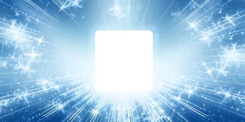 A radiant white square surrounded by blue light bursts and geometric patterns in a bright space