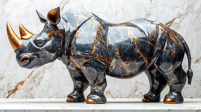 Polished stone rhinoceros sculpture with intricate marble details high resolution picture