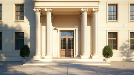 Obraz premium Museum entrance with classical columns in warm sunlight