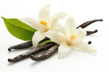 Close up of vanilla beans with blossom and leaf on a white background