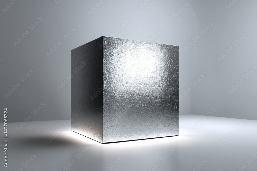 Poster a shimmering silver cube, standing on a white surface, bathed in soft light, creating a minimalist a
