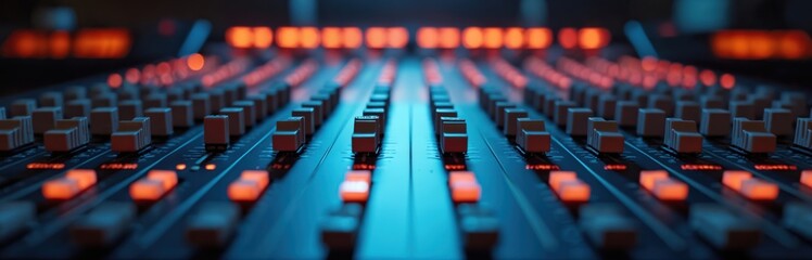 Close-up studio illustration of audio mixing console. Red, blue lighting, knobs, faders, buttons. Modern digital sound recording technology, used for music production. Audio engineering equipment,