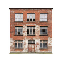 Abandoned Red Brick Building with Windows and Weathered Facade in Urban Setting
