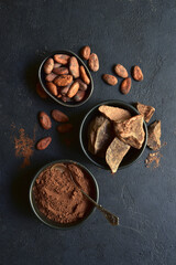 Ingredients for making hot chocolate. Top view with copy space.