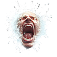Intense Human Expression of Anger with Water Splash Effect on Isolated Background