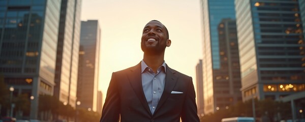 Successful black businessman in suit stands downtown on sunset thinking. Confident male entrepreneur, investor dreams of future. Modern city skyscrapers background.
