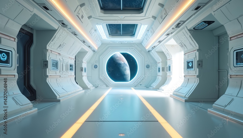 Poster futuristic space station interior with view of planet earth through circular window. modern sci-fi d