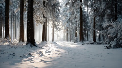Sunlit path winding through a tranquil snow-covered forest in wintertime