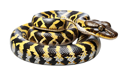 Naklejka premium Beautiful reticulated python coiled up close up portrait reptile snake pet wildlife animal nature exotic image png on transparent background image PNG