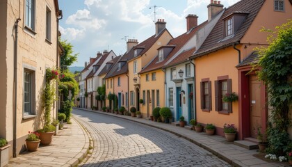 Obraz premium Charming Cobblestone Street with Colorful Houses in a Quaint European Village Setting
