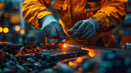 Hdr image of mechanic replacing a car battery in a clean minimalist setup with ambient lighting