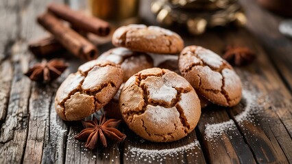 Fototapeta premium Rustic chocolate crinkle cookies on wooden table, powdered sugar dessert close-up, homemade holiday baking background