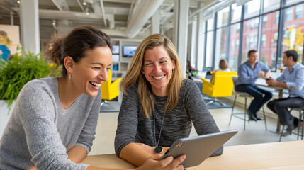 Modern Office Team Collaboration with Laughter and Technology