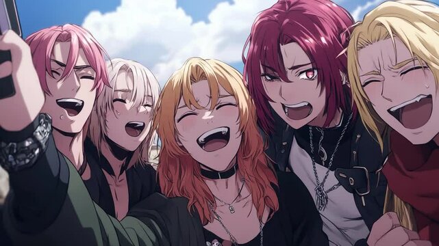 Cheerful friends captured in a lively selfie anime illustration with expressive faces