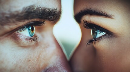 Close up of two faces with eyes looking at each other in soft focus and bright light between them