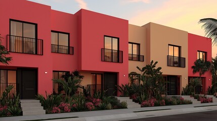 Fototapeta premium Contemporary residential development features sustainable home designs sleek facades and harmonious integration with natural surroundings