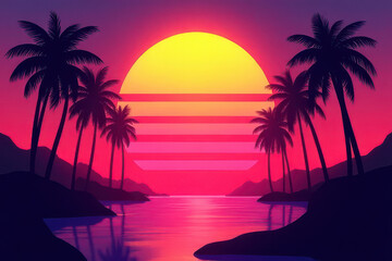 Naklejka premium Retro Sunset Aesthetic: Neon Gradient Sun, Bold 80s Colors, Surreal Palm Trees, Abstract Synthwave Vibe
