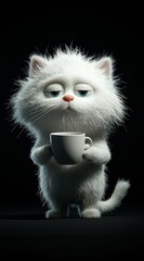 Naklejka na ściany i meble This image showcases an adorable, fluffy white cat holding a coffee cup with a sassy expression, highlighting the playfulness and charm of pets in a minimalist setting.