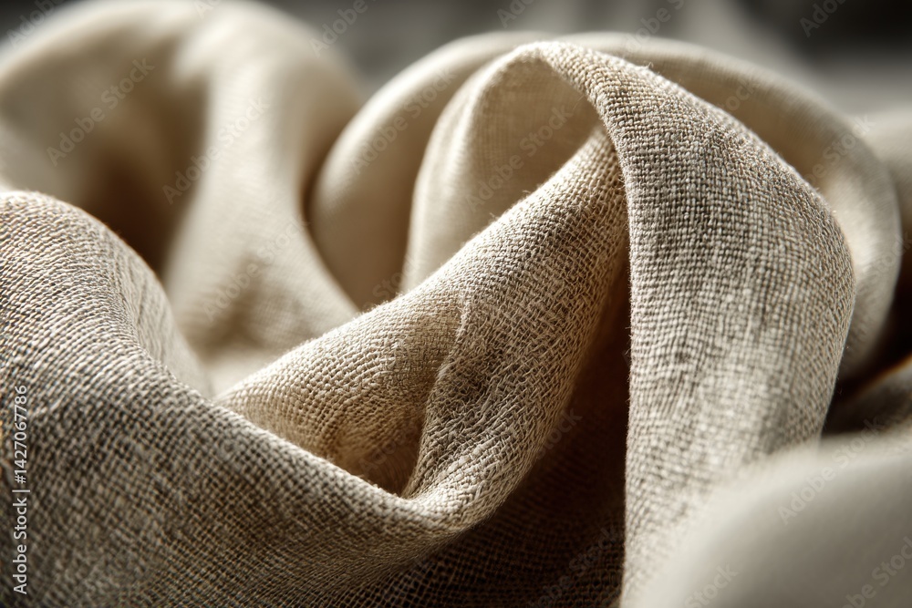 Poster close-up of draped beige linen fabric showing texture and folds, creating a soft and elegant pattern