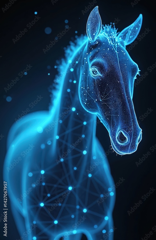 Poster ethereal blue horse created digital connections. luminous network structure illuminates horse form. 