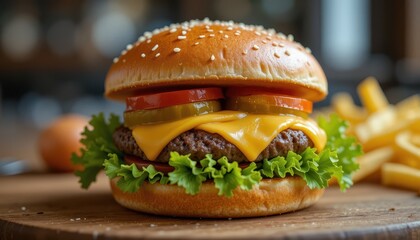 Delicious cheeseburger with fresh toppings served on a wooden board alongside crispy fries