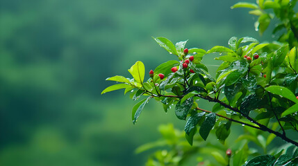 Fototapeta premium Closeup Of Red Berries And Green Leaves In A Rainy Forest Scene