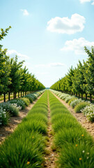 Naklejka premium A winding road leading through an orchard with vibrant green trees under a clear sky.