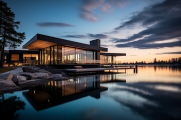 Fototapeta premium breathtaking panorama of a Nordic-designed house, seamlessly blending contemporary architecture with organic elements, accentuated by a pristine swimming pool reflecting the serene sky