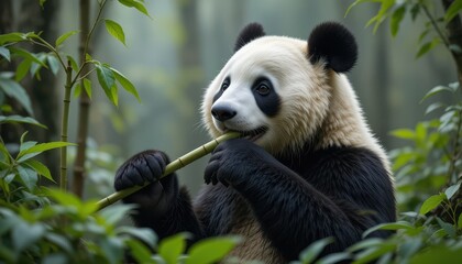 Obraz premium Adorable Giant Panda Feeding on Bamboo Surrounded by Lush Greenery in Natural Habitat