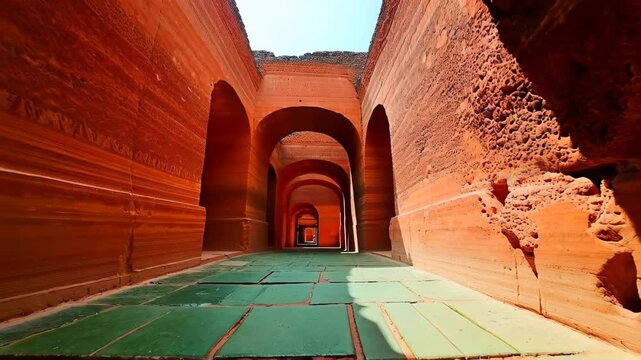 Ancient sandstone corridor with arches and green stone floor under bright daylight

