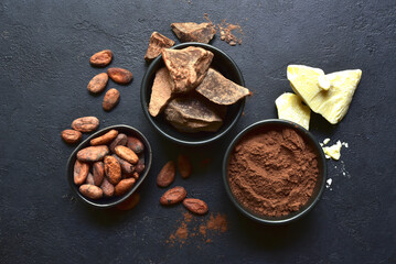 Ingredients for making hot chocolate. Top view with copy space.