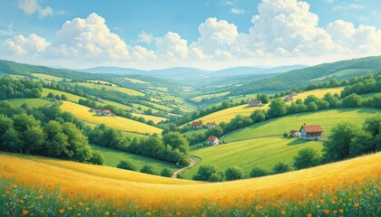 Obraz premium Pointillism countryside landscape artwork. Rural scene, painted, featuring hills, trees, field with a winding road. Beautiful summer nature. Houses in the valley, fluffy clouds in the blue sky.