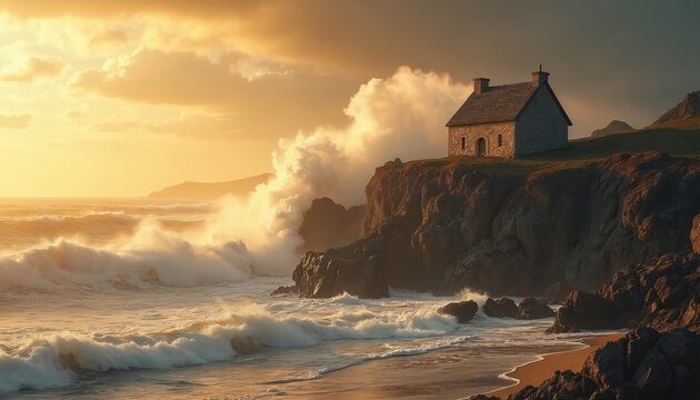 Stone house on cliff at stormy ocean coast. Waves crashing against rocks. Metaphor of strength during life challenges. Concept of building strong foundation for survival. Sunset, gold hour sky. Jesus