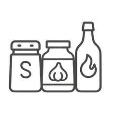 Condiments for BBQ - salt, sauce, and spice bottles in outline style  