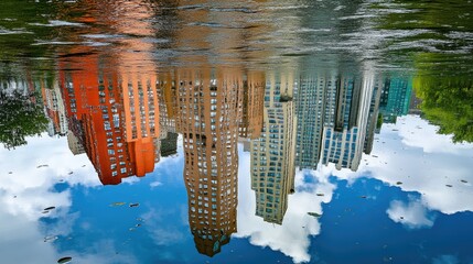 Upsidedown Cityscape Reflections in Central Park Pond.