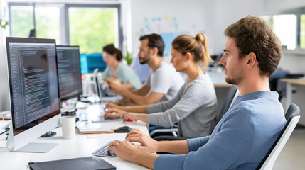 Obraz premium A team of software engineers collaborating in a modern office