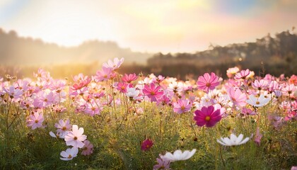 Obraz premium cosmos flower field spring season flowers soft focus of cosmos flowers daisies flowers in sunlight soft colors