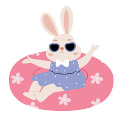 Cute bunny swims and sunbathes on an inflatable circle. Summer illustration, vacation, relaxation by the sea.