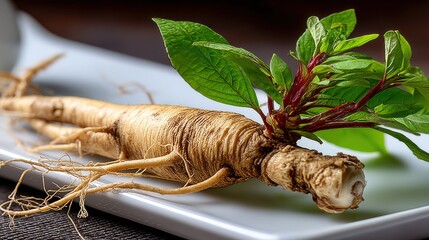 Dried ginseng root displayed on a white plate as a symbol of energy and endurance