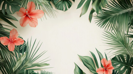 Lush tropical arrangement featu hibiscus blooms and green palm fronds artistically placed around a bright center creating a natural, botanical frame design.