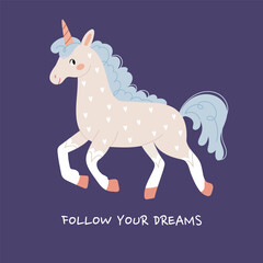 Cute unicorn in hearts pattern. Follow your dreams. Poster, print, inspirational caption