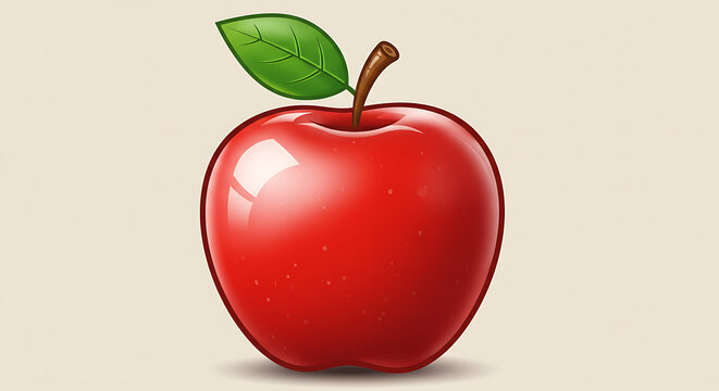 Cartoon apple with leaf and stem, glossy effect and smooth vector style, ideal for icons or prints