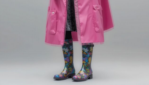 Colorful Rain Boots Under Pink Waterproof Coat in Fashionable Look for Rainy Days and Style