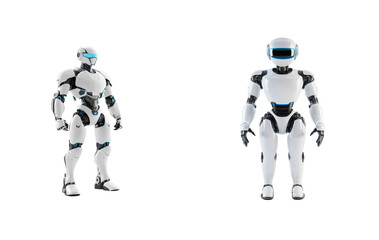 Fototapeta premium Two futuristic robots in different poses with various head designs and movable joints