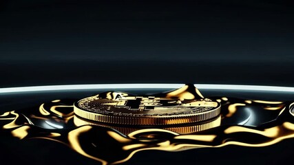 A golden bitcoin spins on the surface and falls into a golden liquid