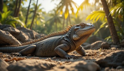 Obraz premium Detailed Close-Up of Iguana in Lush Green Tropical Environment at Sunset