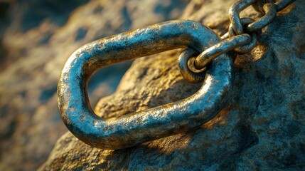 Obraz premium Rusty metal chain link on rock