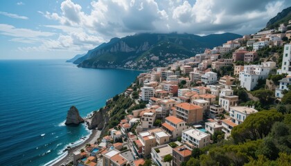 Naklejka premium Scenic Coastal View of Mediterranean Village with Turquoise Waters and Dramatic Sky